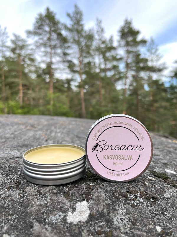 Boreacus Kasvosalva 50 ml, laadukkaista öljyistä valmistettu, hellii ja kosteuttaa ihoa, ei tuki ihohuokosia